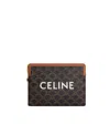 Celine Small Pouch With Strap In Triomphe Canvas And Lambskin In Brown