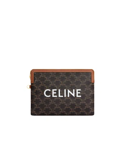 Celine Small Pouch With Strap In Triomphe Canvas And Lambskin In Brown