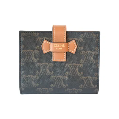 Celine Small Strap Bifold Wallet Purse Triomphe Canvas Leather Tan