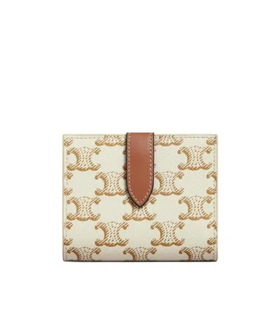 Celine Small Strap Wallet In Triomphe Canvas And Lambskin In White