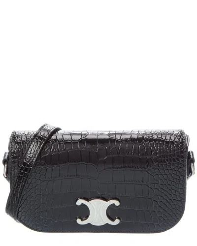 Celine Small Triomphe Croc-embossed Leather Crossbody In Black