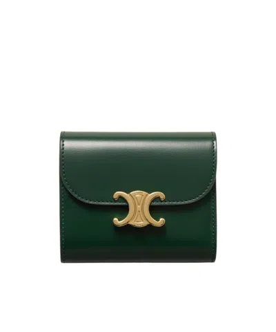 Celine Small Triomphe Flap Wallet In Green