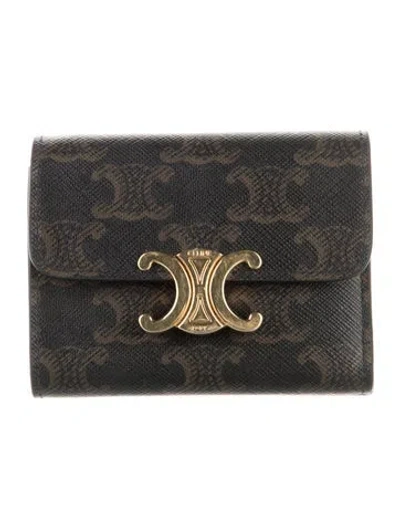Pre-owned Celine Small Triomphe Leather Compact Wallet In Brown