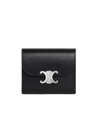 Celine Small Flap Wallet Triomphe In Shiny Calfskin In Black