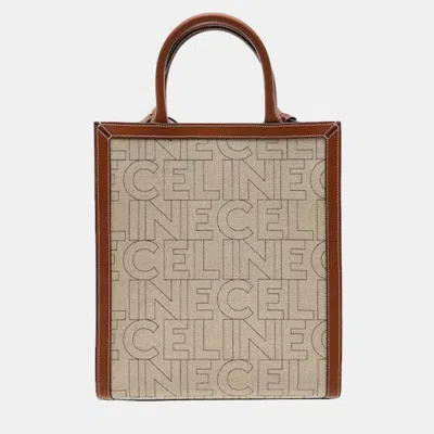 Pre-owned Celine Small Vertical Cabas All -over Print Natural Tan Textile Calfskin Leather Tote Bag In Beige