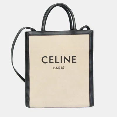 Pre-owned Celine Small Vertical Cabas Beige Black Canvas Leather Tote Bag