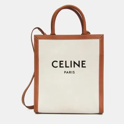 Pre-owned Celine Small Vertical Cabas Canvas Leather Tote Bag Camel Off-white In Sand