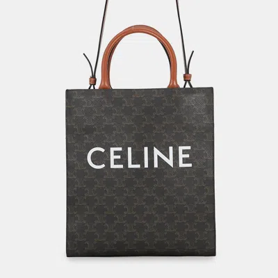 Pre-owned Celine Small Vertical Cabas Tan Triomphe Pvc Calfskin Leather Top Handle Bag In Brown