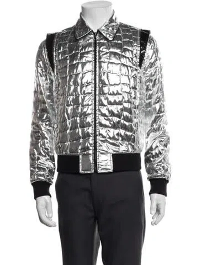 Pre-owned Celine Snakeskin Trim Moto Jacket In Metallic/silver