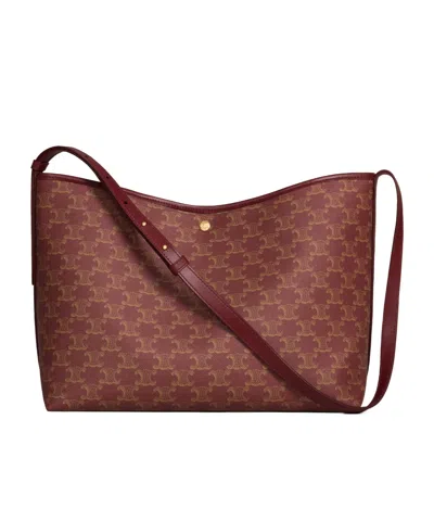 Celine Soft Shopper Bag In Triomphe Canvas And Calfskin In Burgundy Red/tan