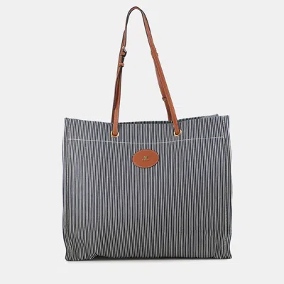 Pre-owned Celine Square Cabas Stripe Tote Bag Navy/tan Canvas Calf Leather In Blue