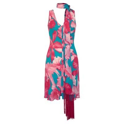 Pre-owned Celine S/s 2004 Runway Floral Print Silk Dress With Fringed Scarf In Pink