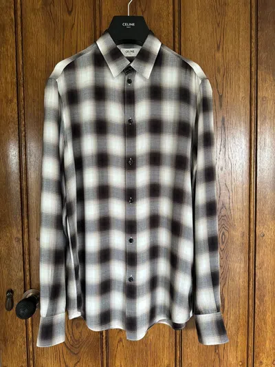 Pre-owned Celine Ss19  Flannel Viscose Hedi Checked Slim Shirt Grail In Brown/white