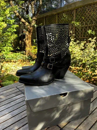 Pre-owned Celine Ss19 Hedi Slimane  Studded Western Boots In Black