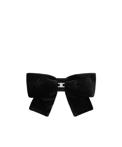 Celine Stamped Ribbon Hair Clip In Polyester And Brass With Rhodium Finish In Black