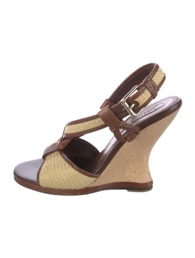Pre-owned Celine Straw Colorblock Pattern T-strap Sandals In Brown