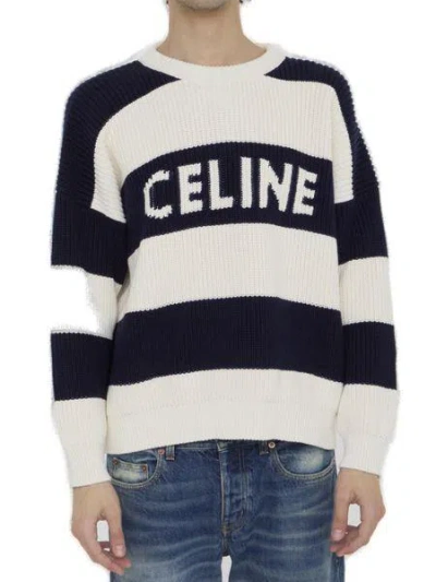 Celine Striped Cotton Crewneck Jumper In Ecru And Navy Blue For Men In Black