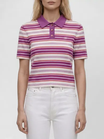 Celine Striped Cotton Cropped Short-sleeve Polo Top In Purple