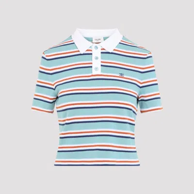 Celine Striped Cotton Knit Polo Shirt In Blue