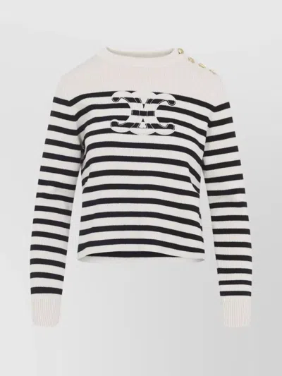 Celine Striped Crew Neck Sweater Buttons In White