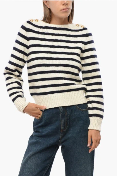 CELINE STRIPED CREW-NECK SWEATER WITH GOLDEN-EFFECT BUTTONS