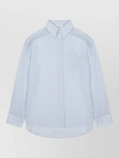 Celine Striped Long Sleeve Shirt Curved Hem Pocket In Blue