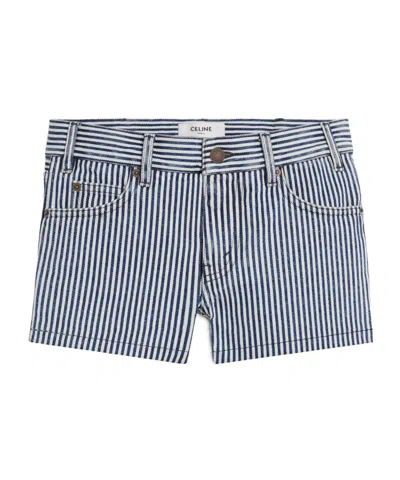 Celine Striped Mini Denim Shorts In Blue