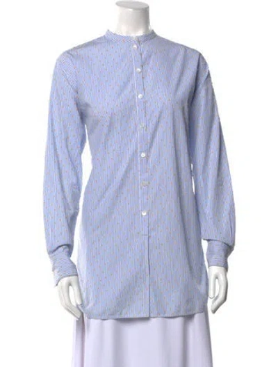 Pre-owned Celine Striped Mock Neck Button-up Top In Blue