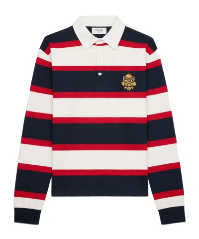 Celine Striped Polo Shirt In Dirty White/navy Blue/red