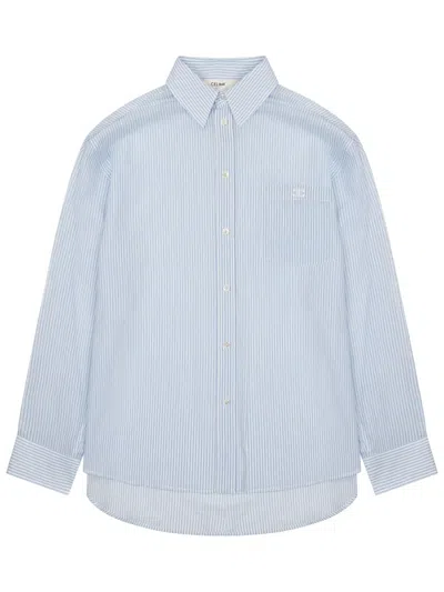 Celine Striped Long Sleeve Shirt Curved Hem Pocket In Blue