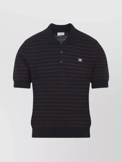 Celine Striped Short-sleeved Polo Sweater With Ribbed Hem In Black