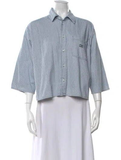Pre-owned Celine Striped Three-quarter Sleeve Button-up Top In Blue