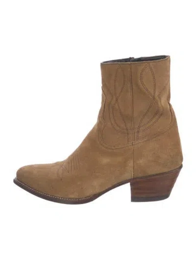 Pre-owned Celine Suede Embroidered Accent Western Boots In Brown
