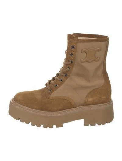 Pre-owned Celine Suede Leather Trim Embellishment Combat Boots In Brown