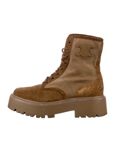Pre-owned Celine Suede Leather Trim Embellishment Combat Boots In Neutrals