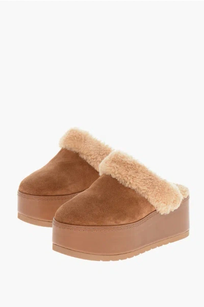 Celine Suede Triomphe Platform Mules With Shearling Detail In Brown