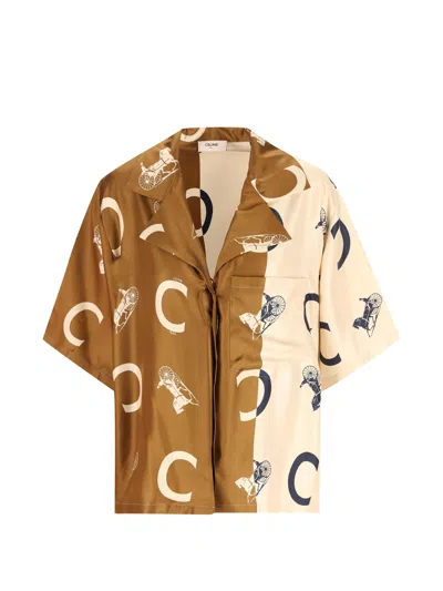 Celine Sulky-print Silk Shirt In Brown