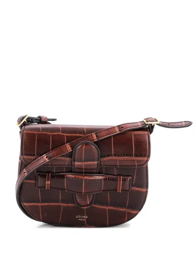 Pre-owned Celine Symmetrical Shoulder Bag Crocodile Embossed Leather Mini Belt Bag In Brown