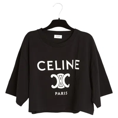 Pre-owned Celine T Shirt Triomphe Noir 40fr Slimane Black Cropped Top Uk12 Us10 New Céline