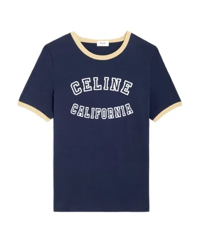 Celine T-shirt With Round Neck And Short Sleeves In Blue