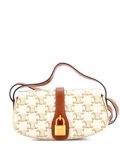 Pre-owned Celine Tabou Clutch With Strap Triomphe Coated Canvas Shoulder Bag In White