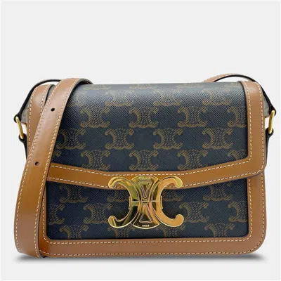 Pre-owned Celine Tan Brown Canvas Leather Teen Triomphe Crossbody Bag