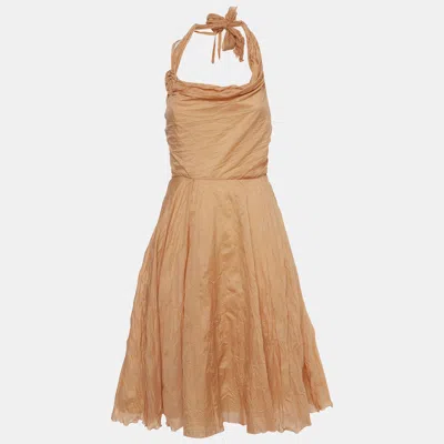 Pre-owned Celine Tan Crinkled Silk Blend Halter Mini Dress M In Brown