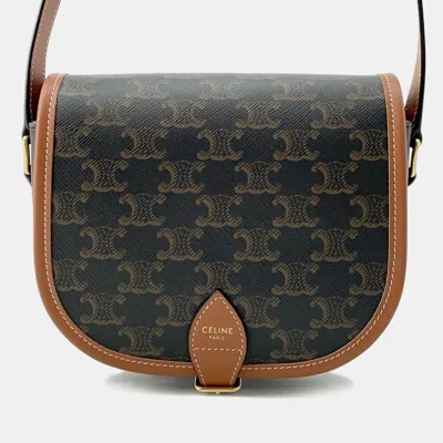 Pre-owned Celine Tan Pvc Coated Canvas And Leather Triomphe Folco Medium Shoulder Bag