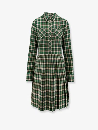 Celine Tartan Wool Mini Dress In Green