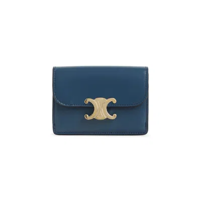 Celine Teal Blue Calf Leather Card Holder With Flap