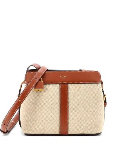 Pre-owned Celine Teen Cabas De France Bag Leather And Canvas Small Shoulder Bag In Brown