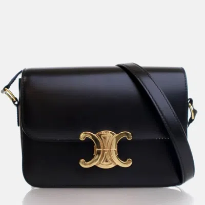 Pre-owned Celine Teen Calfskin Triomphe Flap Bag In Black