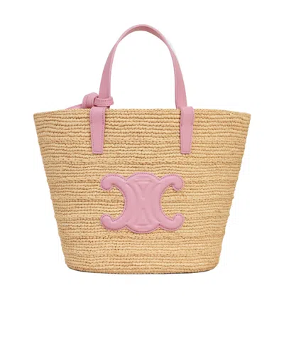 Celine Teen Supple  Classic Panier In Raffia And Calfskin In Silk Pink