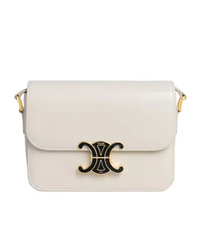 Celine Teen Triomphe Bag In Shiny Calfskin With Enamel Closure In White